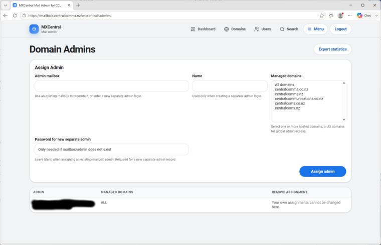 MxCentral domain admins page assigning managed domains to administrator accounts