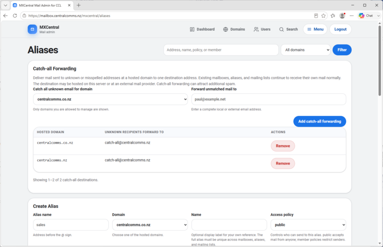 MxCentral aliases page with catch-all forwarding and alias creation