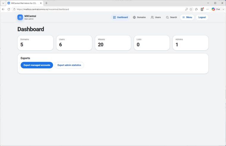 MxCentral dashboard summary with domains, users, aliases, lists, admins, and export controls