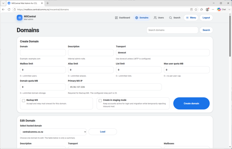 MxCentral domain creation and edit form with limits, transport, backup MX, and staging controls