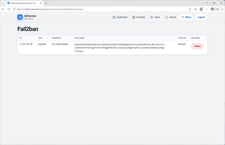 MxCentral Fail2ban page listing banned IPs, jail, country, lines, status, and delete action