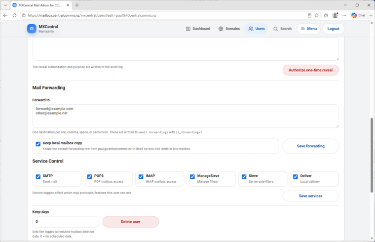 MxCentral user forwarding and service controls with mailbox and backup address settings