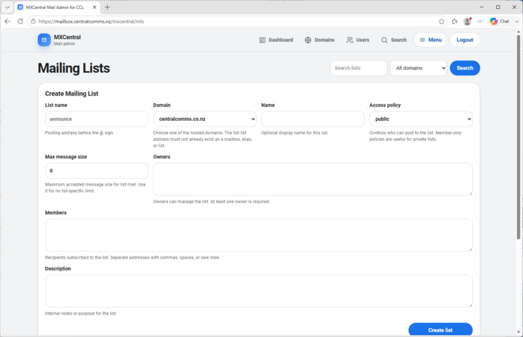 MxCentral mailing list creation form with owners, members, moderators, and access policy