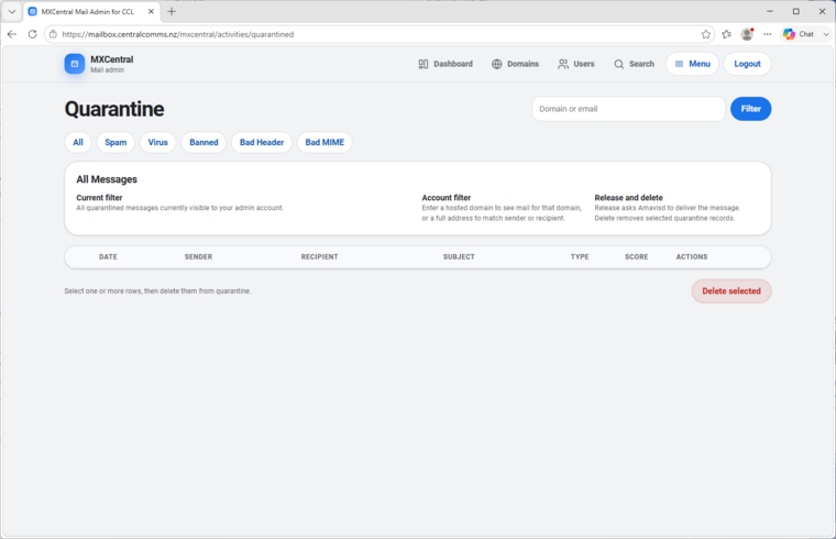 MxCentral quarantine page with tabs for spam, virus, banned, bad header, and bad MIME messages