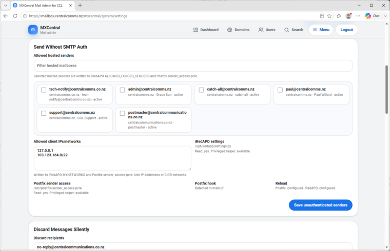 MxCentral send without SMTP auth settings with allowed senders, networks, and Postfix status