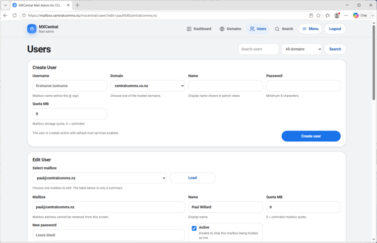 MxCentral create and edit user forms with quota, services, password, and domain selection