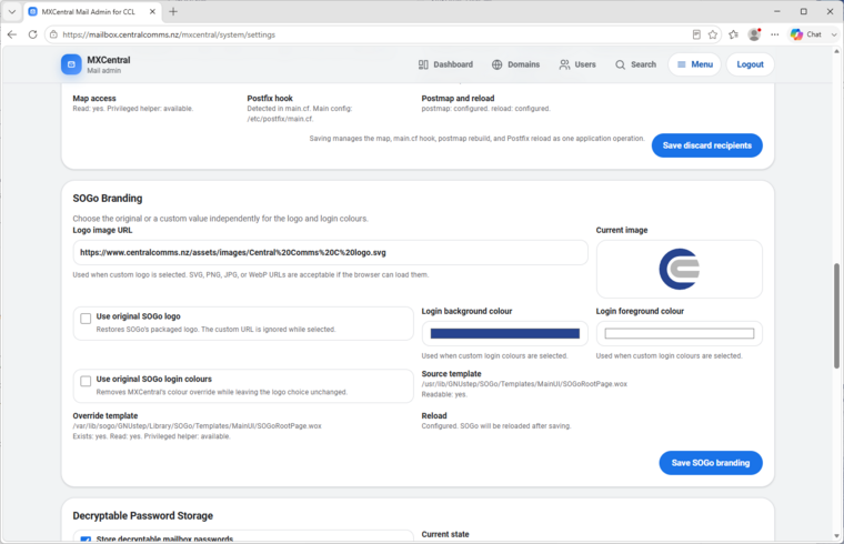 MxCentral SOGo branding settings with logo path, current image, tile colors, and override template