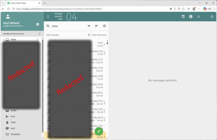 SOGo mailbox inbox shown after login with message list and calendar panel