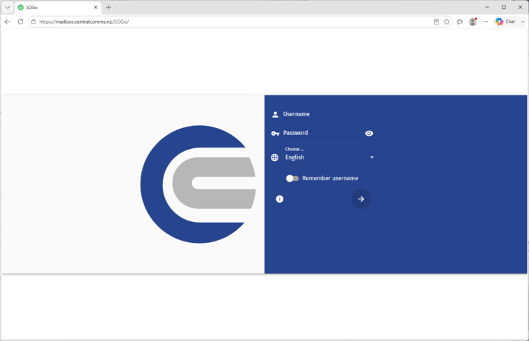 SOGo webmail login page with MxCentral style logo and blue login panel